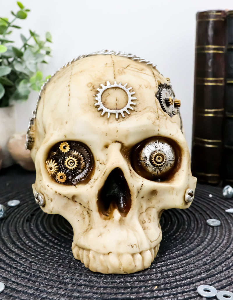 Ebros 7"L Steampunk Three Eyed Sun God Wheel Gearwork Robot Half Jaw Skull Statue 3D