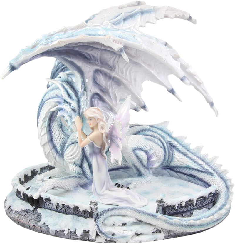 Ebros Large 15" Long Winter Blizzard Fairy with Giant White Dragon Statue