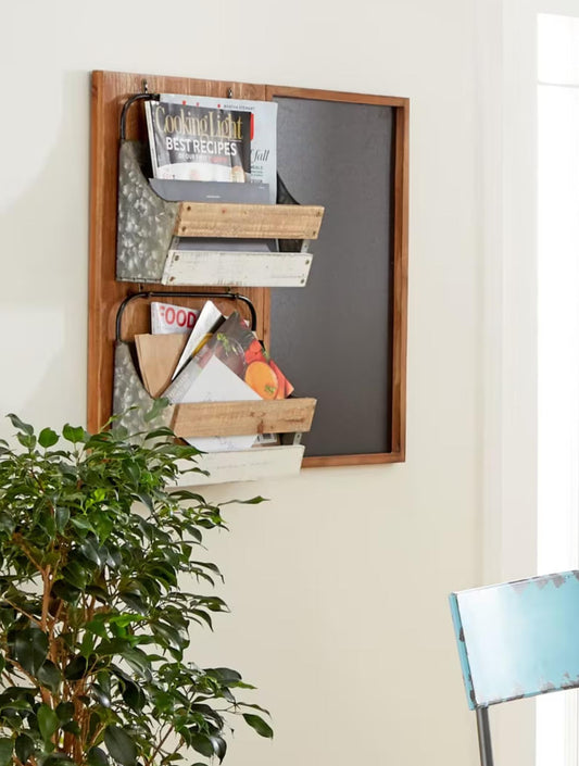 Rustic 23"H Wooden Chalkboard With 2 Metal Mail Pocket Organizer Wall Rack