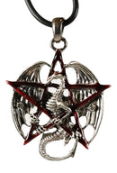 Gothic Red Pentagram Star Dragon Pendant Pewter Necklace Fantasy Mythical Legend