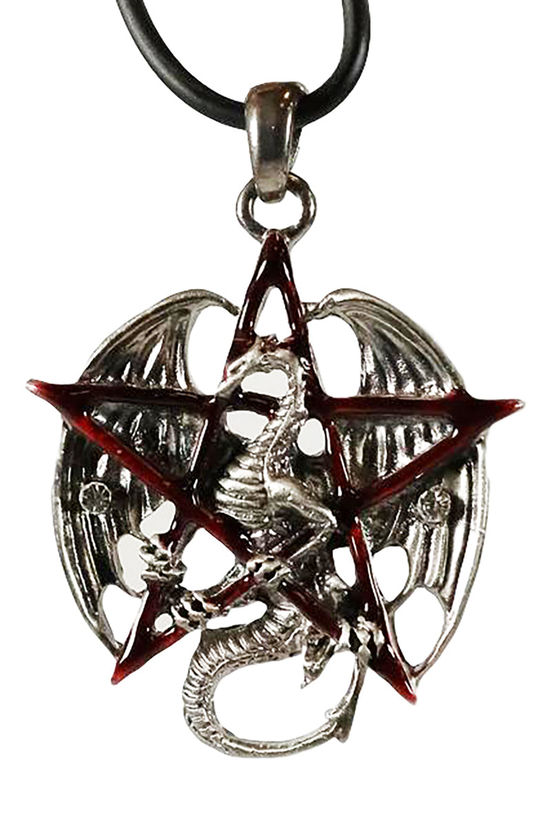 Gothic Red Pentagram Star Dragon Pendant Pewter Necklace Fantasy Mythical Legend