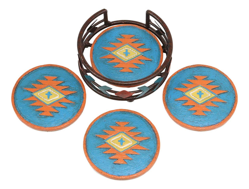 Ebros Colorful Western Native American Cross Design Holder W/ 4 Round Coasters