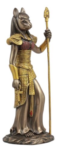 Egyptian Goddess Bastet Cat With Spear Statue 11"H Ubasti Goddess Of Protection