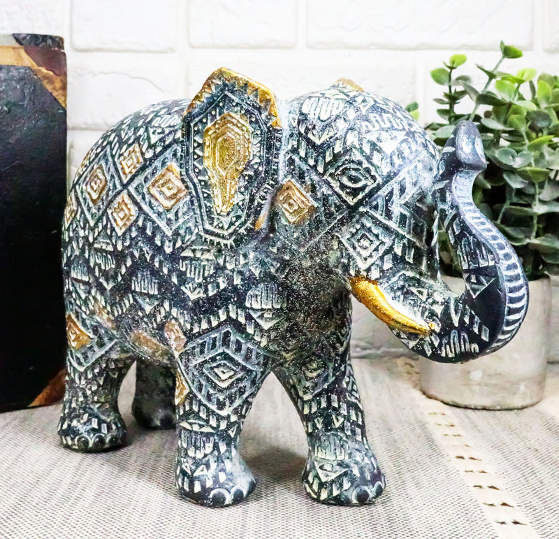 Auspicious Grey Glossy Mosaic Design Noble Aztec Elephant with Trunk Up Figurine