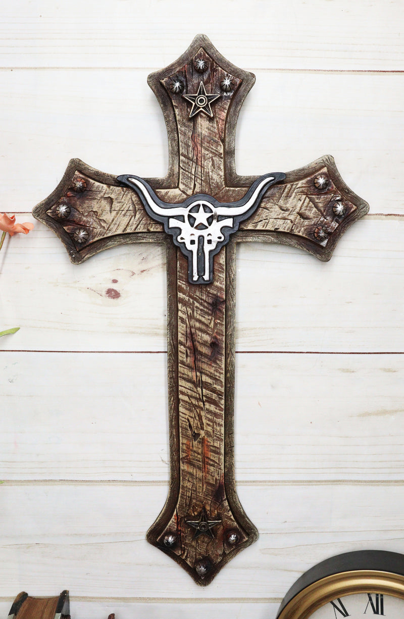 Rustic Western Star Texas Longhorn Cow Skull With Dual Pistols Wall Cross Decor