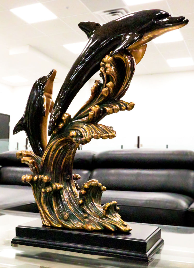Large 23"H Nautical Marine 2 Bottlenose Dolphins Leaping Over Ocean Waves Statue