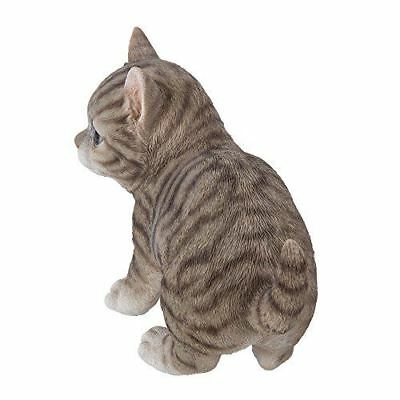 Lifelike Crouching Grey Striped Tabby Cat Statue 8.25"Long Realistic Glass Eyes
