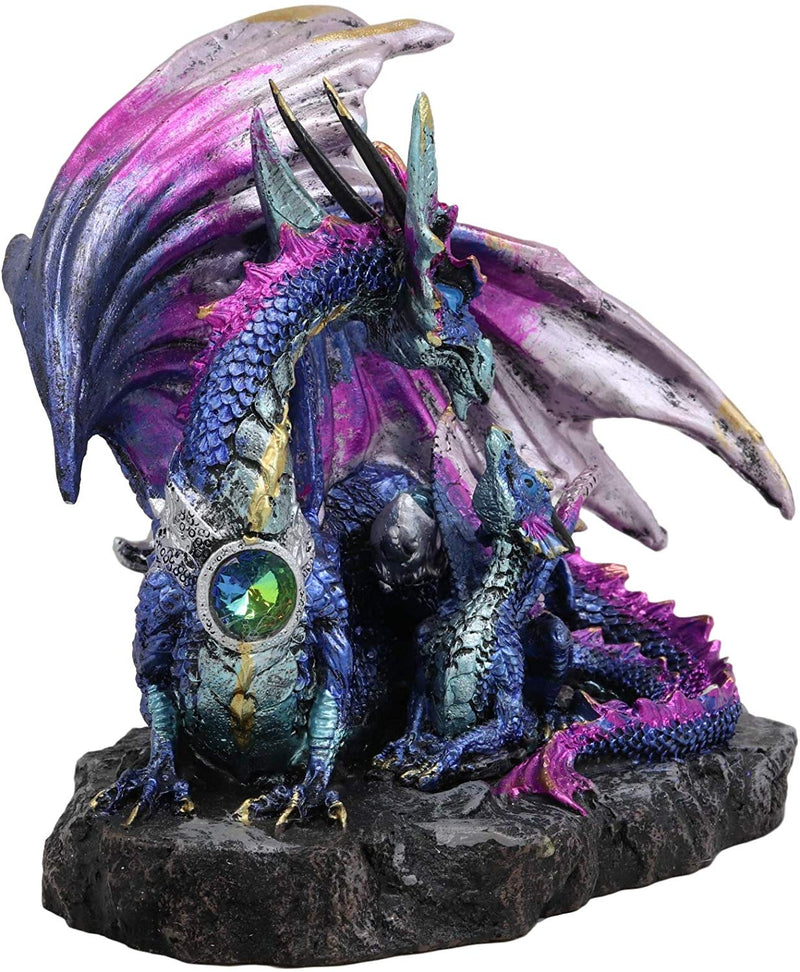 Ebros Violet Blue Midnight Sky Gemstone Mother Dragon with Baby Wyrmling Statue 7.25" Long Home Decor Resin Medieval Fantasy Dungeons and Dragons Figurine