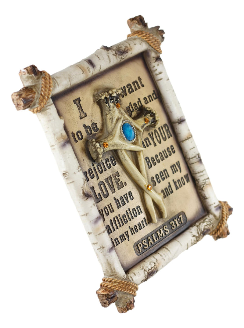 Rustic Faux Birchwood Turquoise Deer Antlers Cross Bible Verse Wall Decor Plaque