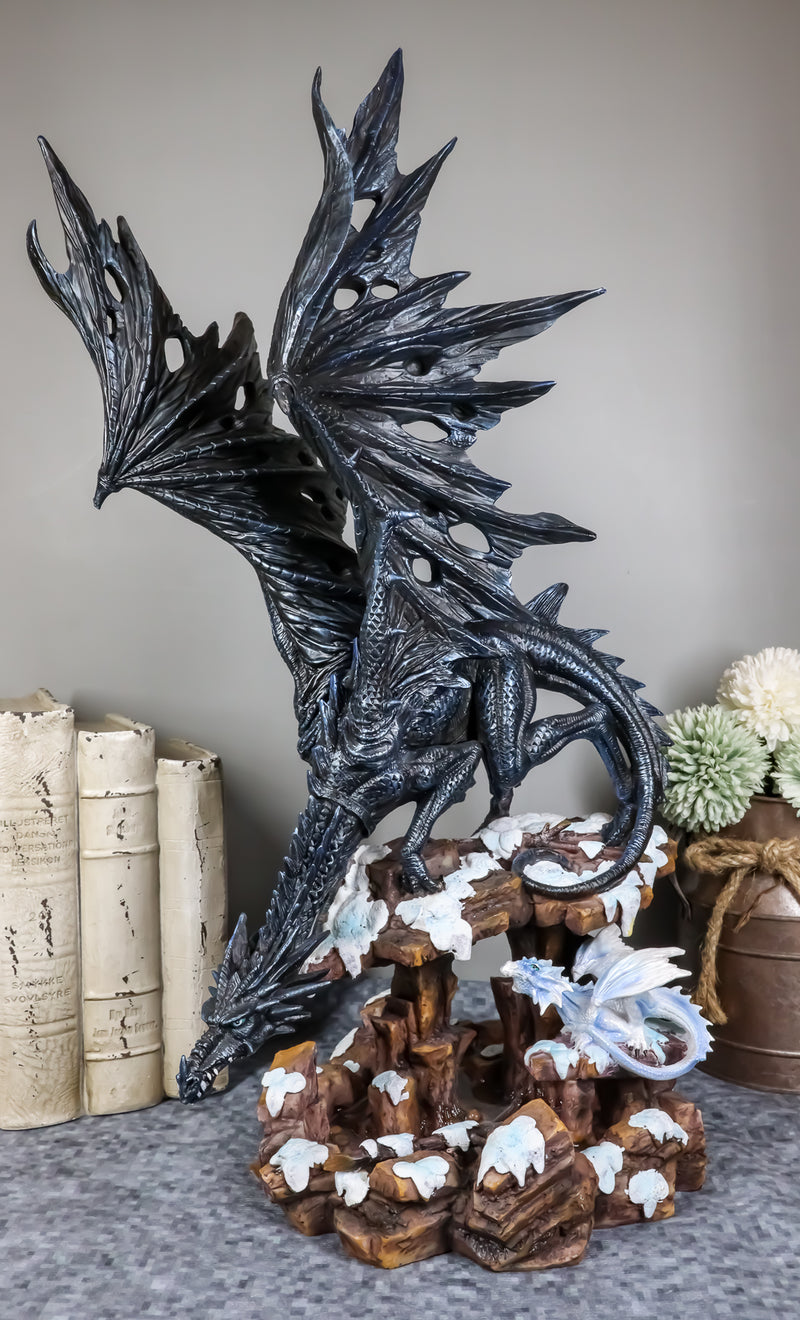 Ebros Large Dark Dragon with Frozen Ice White Baby Hatchling Statue 18.5" Tall