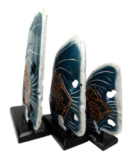 Balinese Wood Handicrafts Blue Tropical Angel Fish Family Set of 3 Figurines