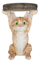 Feline Orange Tabby Cat Kitten Holding Faux Wood Slice Table Stand Figurine
