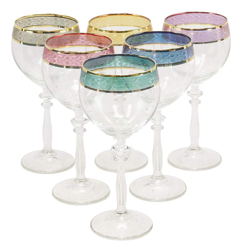 Ebros Italian Colorful Victorian Floral Rim Wine Glasses Set Of 6 With–  Ebros Gift
