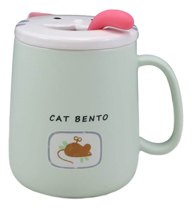 Ebros Coffee Mug Cup With Spoon And Lid 14oz Kittens Or Cats Mugs (Pastel Green)