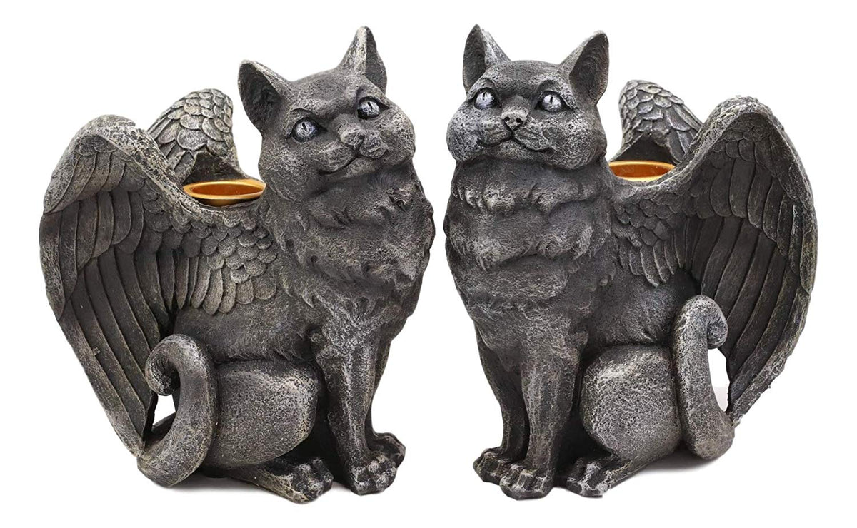 Gothic Angel Winged Cat Gargoyles Left And Right Facing Candle Holder Statue Set - Ebros Gift