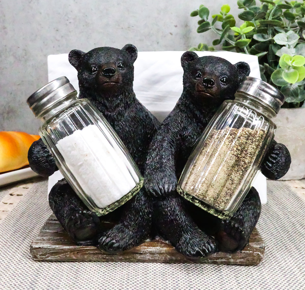 Ebros 6.25" W 2 Black Bear Cubs Sitting Napkin Holder & Salt Pepper Shakers - Ebros Gift