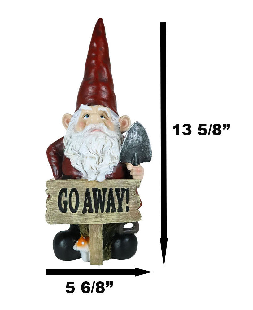 Grumpy Mr Gnome Grandpa With Shovel Standing By 'Go Away!' Yard Sign Figurine