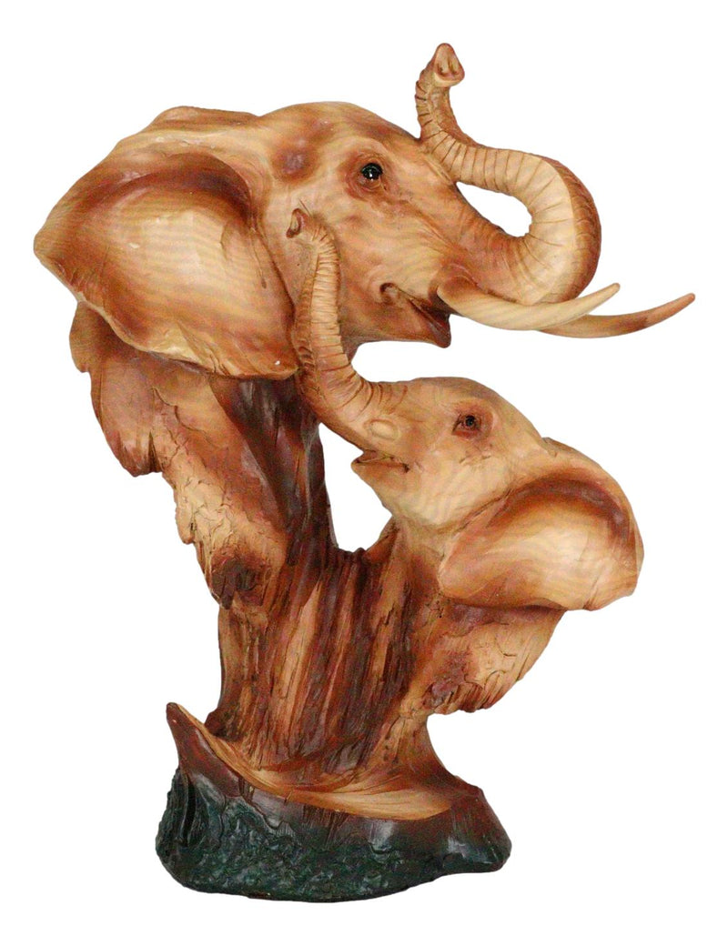 Safari Wildlife Elephant Father And Calf With Trunk Up Bust Faux Wood Figurine