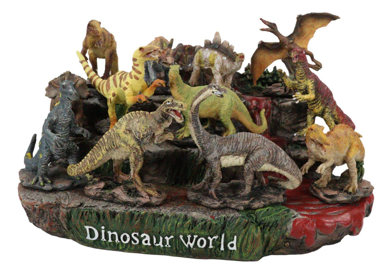 12 Miniature Prehistoric Dinosaurs With Volcanic Mountain Display Figurine Set