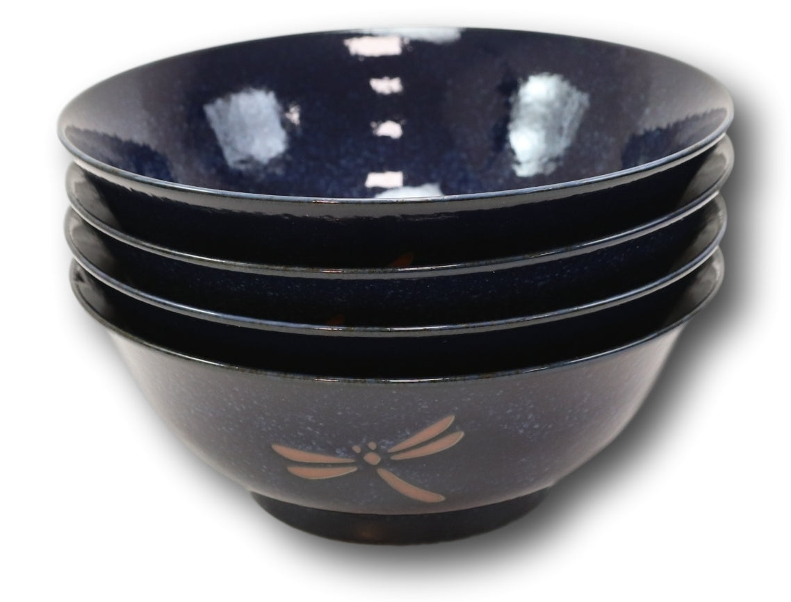 Made in Japan Blue Dragonfly Pasta Salad Soup Cereal Rice Ceramic Bowls Set of 4 - Ebros Gift