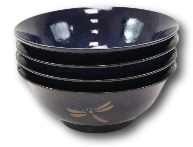 Made in Japan Blue Dragonfly Pasta Salad Soup Cereal Rice Ceramic Bowls Set of 4