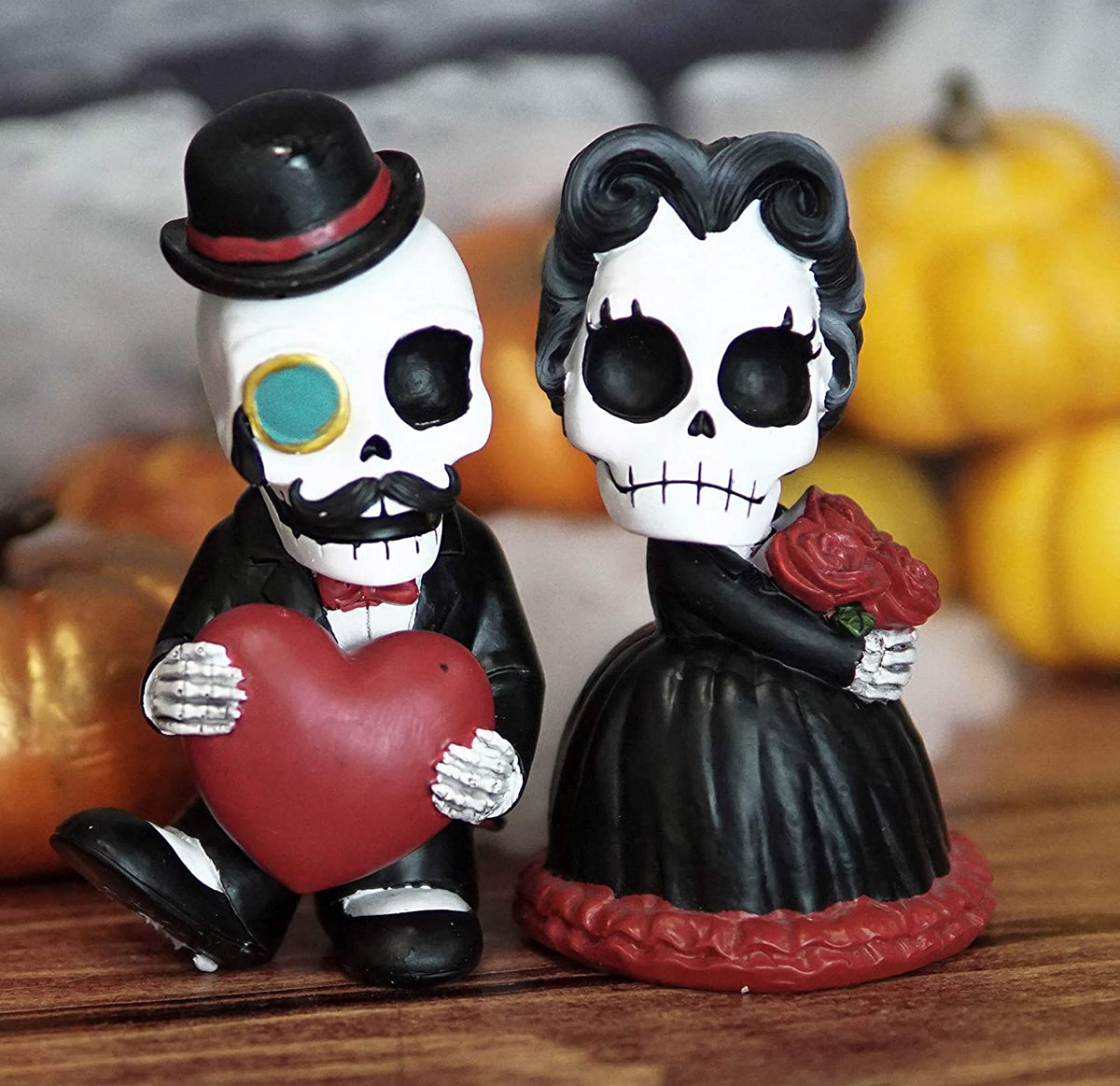 Ebros Mr and Mrs Poe Gothic Romantic Skeleton Couple with Big Red Heart SET OF 2