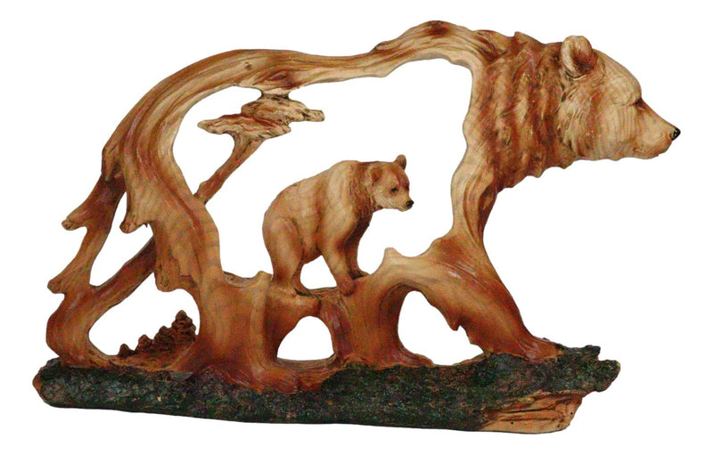 Rustic Wildlife Black Bear With Cub Scene Faux Wood Carving Cutout Figurine