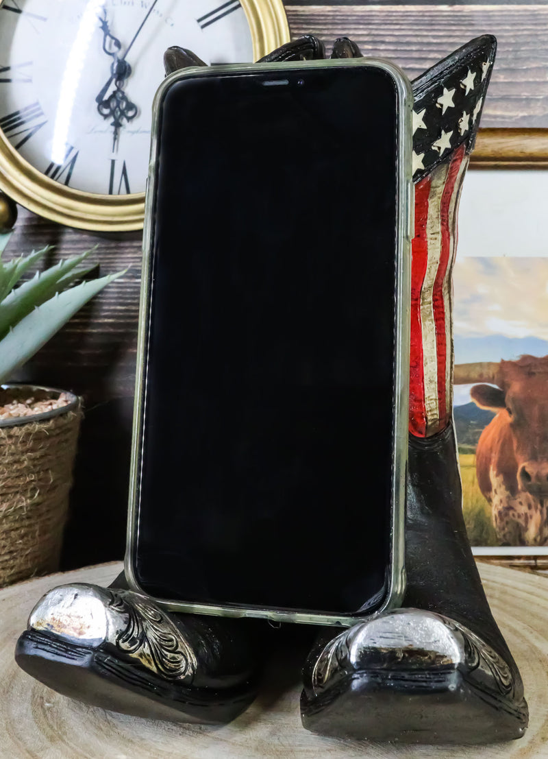 Rustic Western USA Flag Cowboy Boot Figurine Cell Phone Book Holder Easel Stand