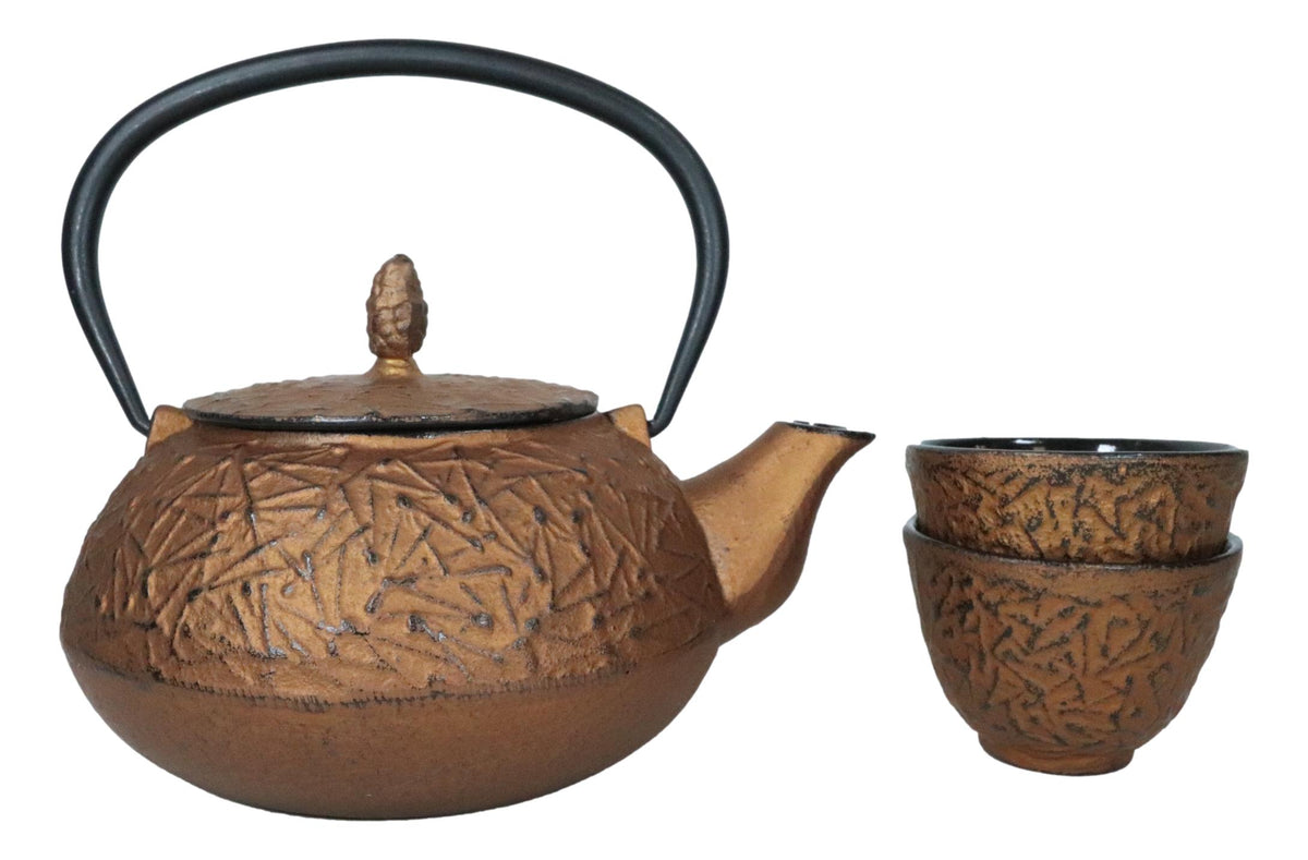 Ebros Japanese Pine Copper Finish Matchstick Pattern Heavy Cast Iron Tea Pot and Cups Set Serves 2