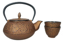 Ebros Japanese Pine Copper Finish Matchstick Pattern Heavy Cast Iron Tea Pot and Cups Set Serves 2