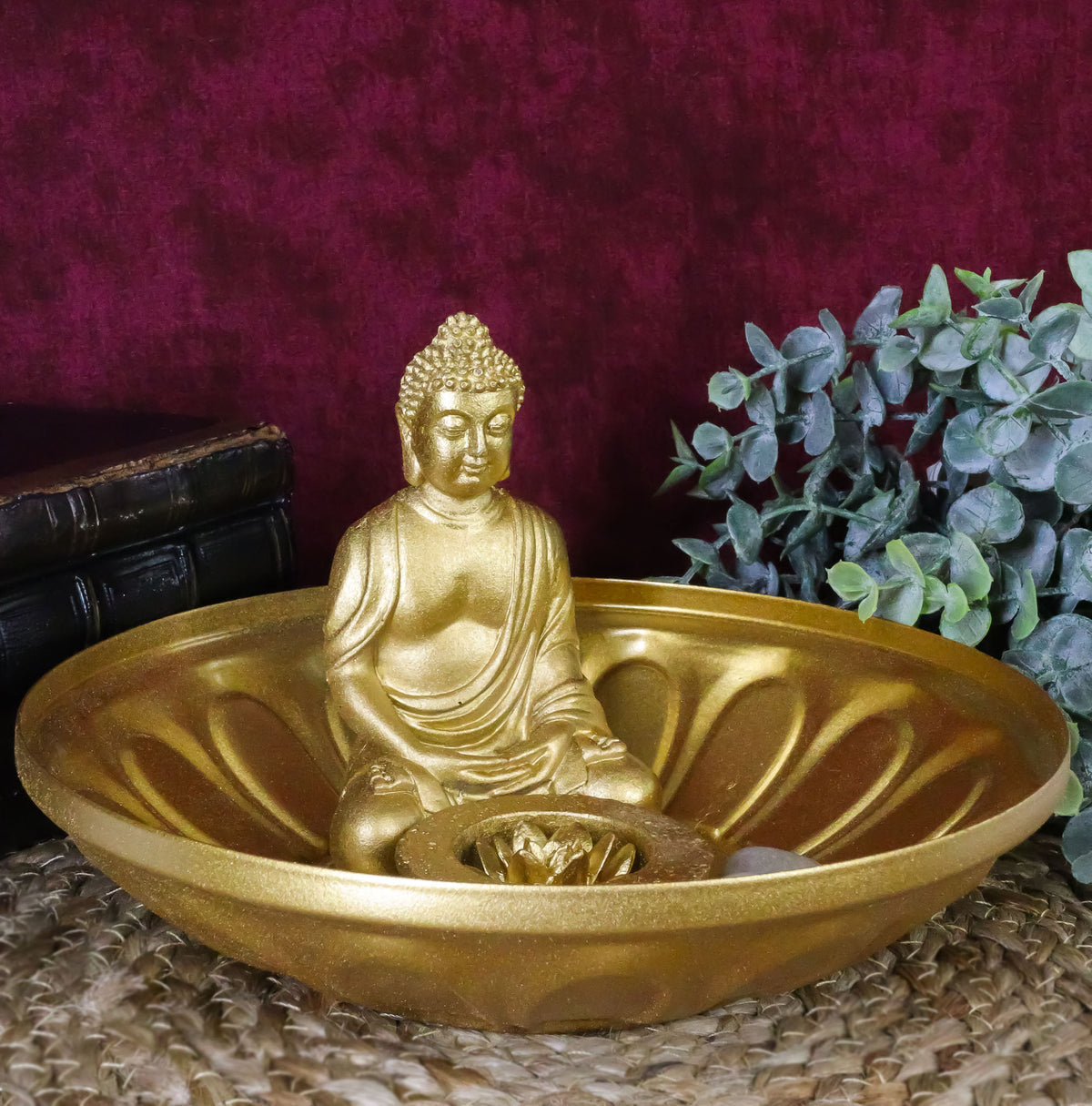 Ebros Feng Shui Golden Meditating Buddha Zen Dish With Pebbles & Lotus Flower