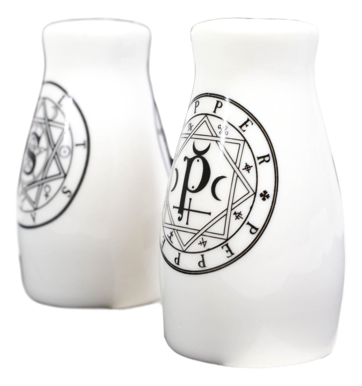 Wicca Sacred Geometry Pentacles Crescent Moons Ceramic Salt n Pepper Shakers Set - Ebros Gift