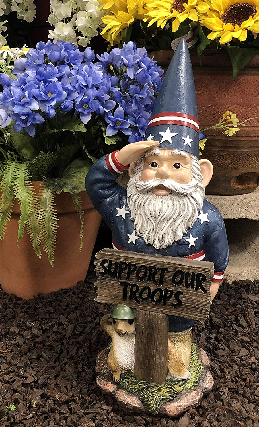Ebros Gift 17" Tall Americana USA Patriotic Gnome with Pet Squirrel in Military Salute Statue with Support Our Troops Sign American Flag Uniform Druid Dwarf Home Garden Patio Lawn Figurine - Ebros Gift