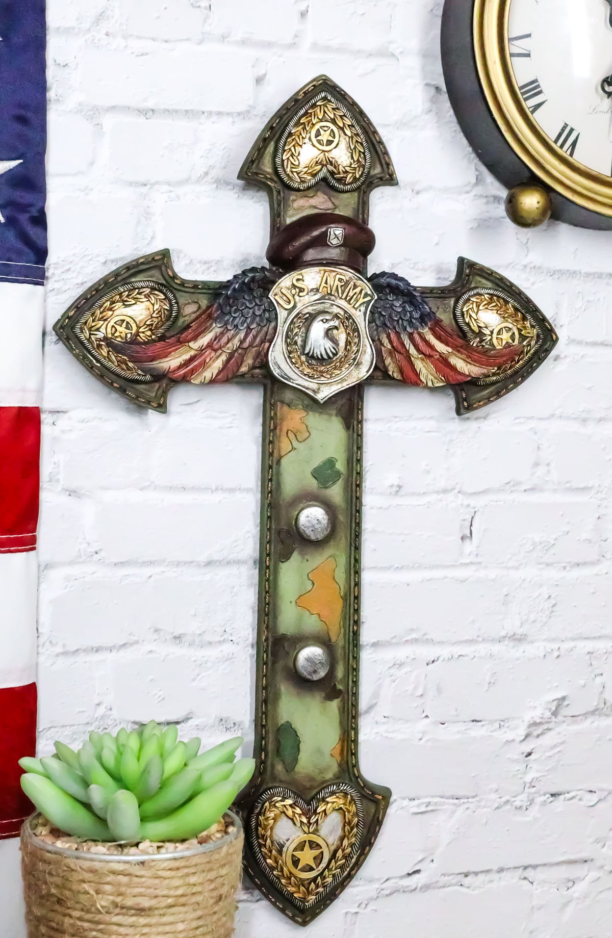 US Army Eagle Badge American Flag Wings Hearts Soldier Camo Memorial Wall Cross