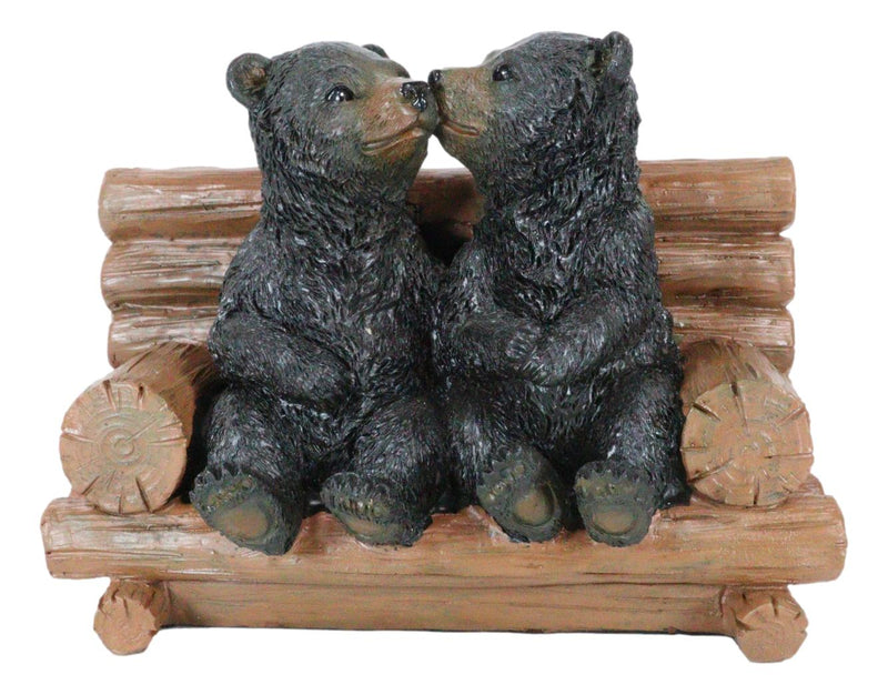 Rustic Whimsical Forest Black Bear Siblings Kissing By Tree Logs Bench Figurine