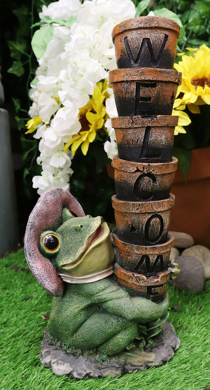Ebros Green Frog Toad With Pink Hat Juggling Pots Stack With Welcome Sign Figurine 14"