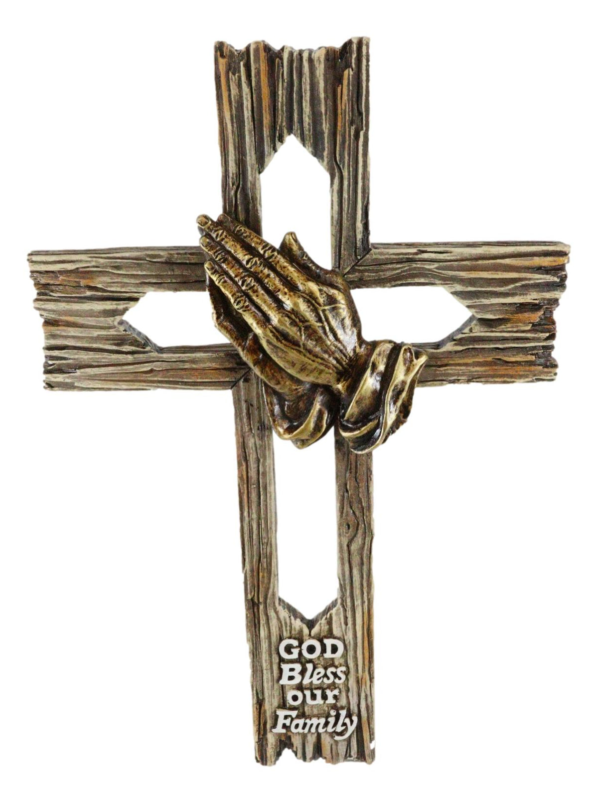 Rustic Western Faux Wooden God Bless Our Family Praying Hands Rugged Wall Cross