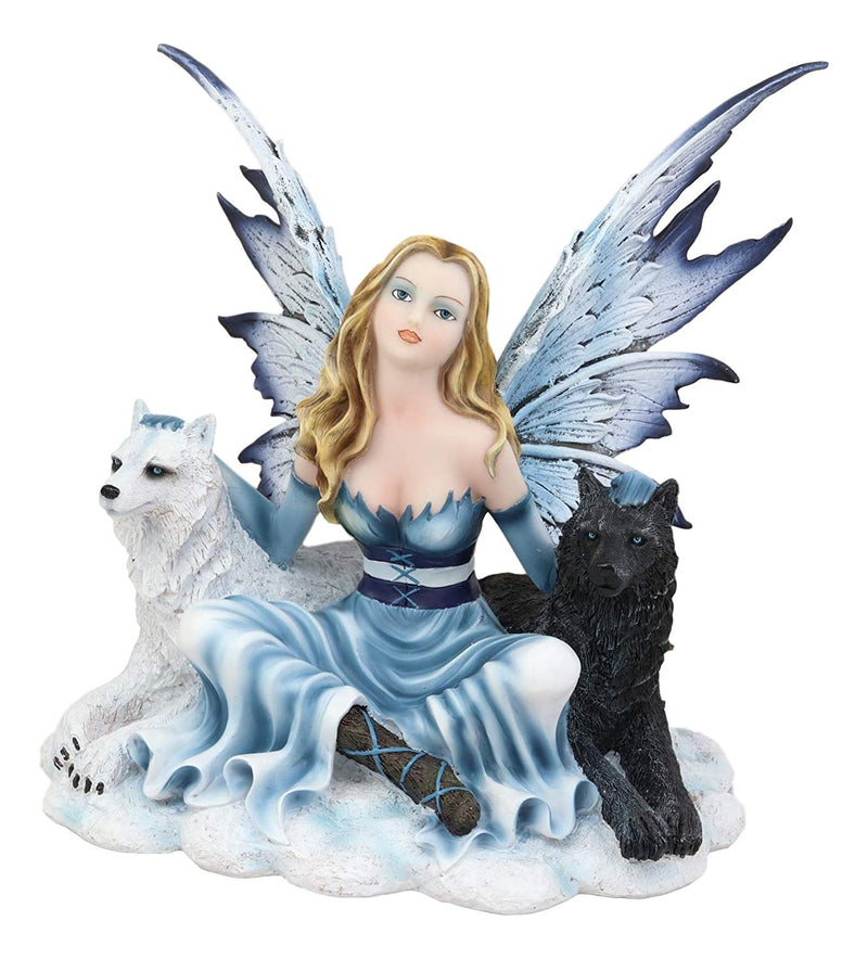 Ebros Blue Frozen Fairy Embracing Black and White Direwolves Statue 9" Long Fantasy FAE Pixie with Wolves in Snow Woodlands Tundra Scenery Figurine Decor of Wolf Timberwolf Fantasy Magic Nymph