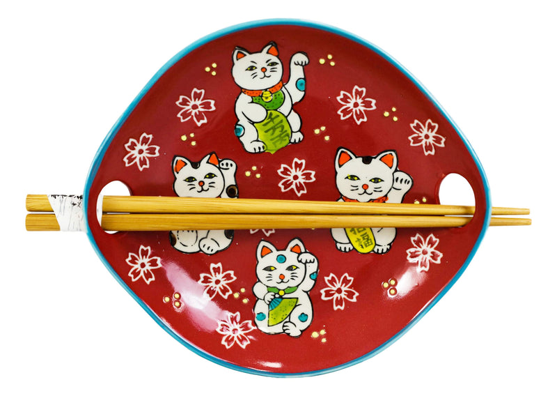 Red Maneki Neko Lucky Cats Appetizer Coupe Plate Flat Bowl With Chopsticks Set