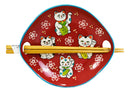 Pack Of 2 Red Maneki Neko Lucky Cats Appetizer Coupe Plates With Chopsticks Set