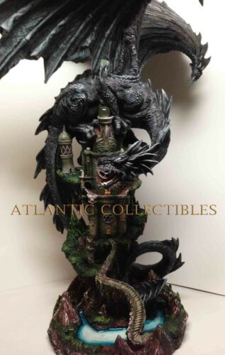 Ebros Large 23.5" Tall Black Dragon Guarding Castle Atop A Rocky Cliff Statue - Ebros Gift