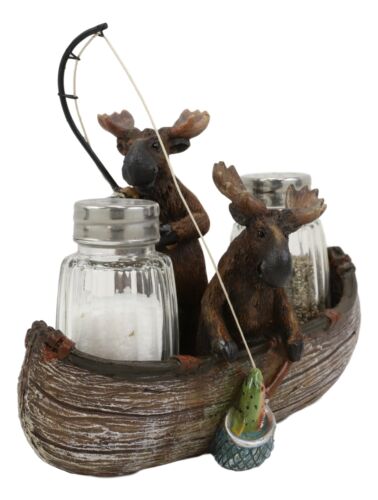 7"L Rustic Forest 2 Moose Elks Fishing With Net And Rod Salt Pepper Shakers Set