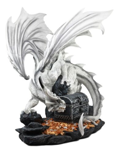 Large 20"L White Cloud Dragon Guardian Of Treasure Mine Statue With Secret Box