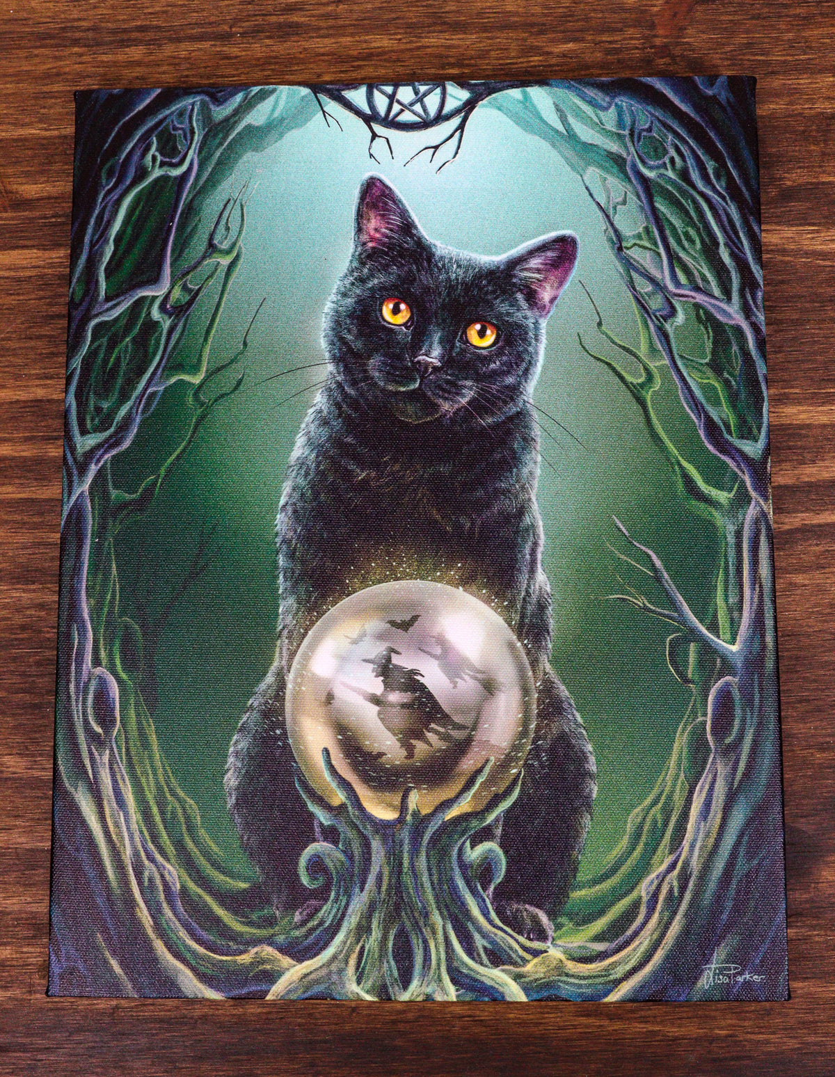 Rise Of The Witches Black Cat By Scrying Ball Wood Framed Canvas Wall Decor - Ebros Gift