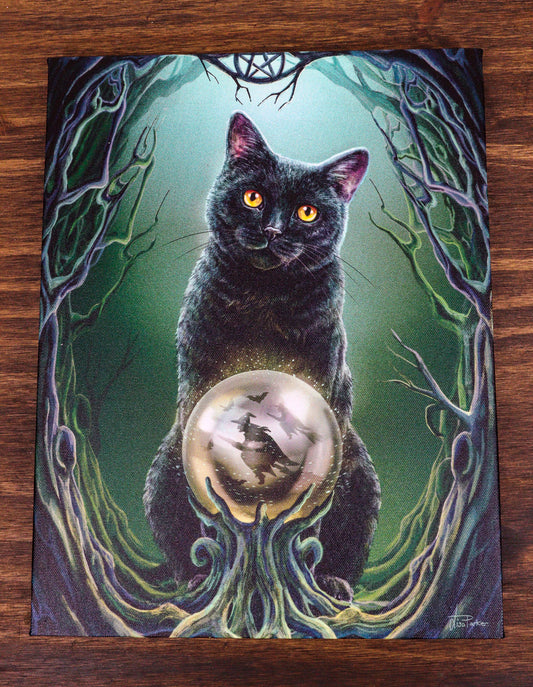 Rise Of The Witches Black Cat By Scrying Ball Wood Framed Canvas Wall Decor - Ebros Gift