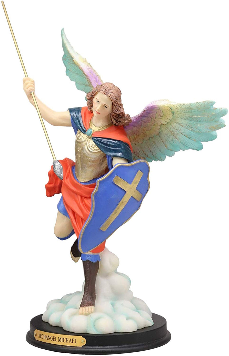 Ebros Colorful Archangel Saint Michael Throwing Javelin Spear Statue 10" Tall Champion Angel of God Guardian of The Church Battle of Armageddon Decor Altar Figurine