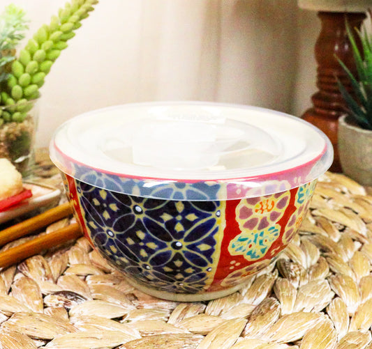 Ebros Set of 2 Ceramic Blue Red Floral Patterns Portion Meal Bowls 2 Cups Airtight Lid