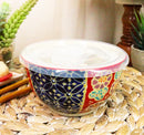 Ebros Set of 2 Ceramic Blue Red Floral Patterns Portion Meal Bowls 2 Cups Airtight Lid