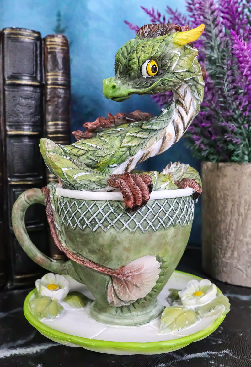 Fantasy English Green Tea Leaves And Flowers Dragon In Teacup & Saucer Figurine