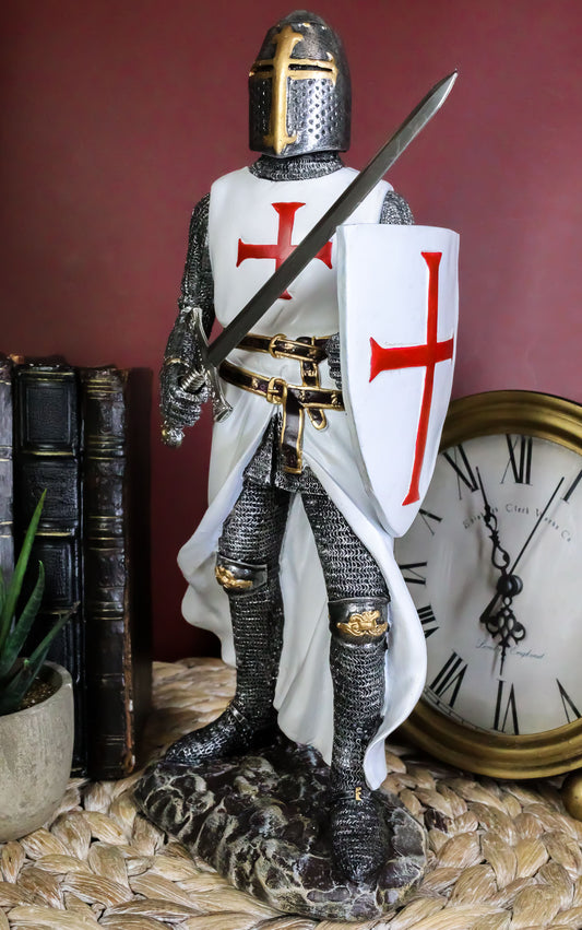 Ebros White Cloak Caped Medieval Crusader Swordsman Knight of Christ Figurine 11.5"H - Ebros Gift